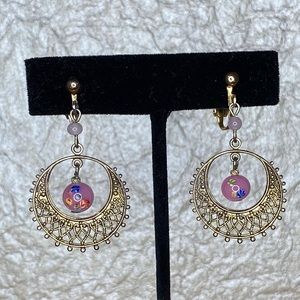 Pink & Gold Tone Filigree Vintage Clip Earrings